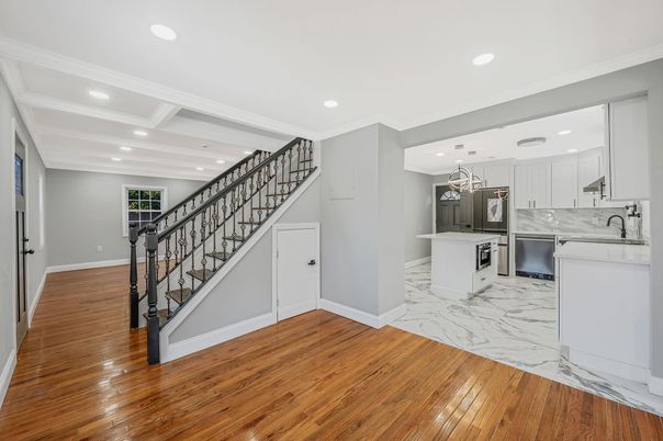 Interior, Kitchen, Marble, Recessed Lighting, Wood Texture Flooring