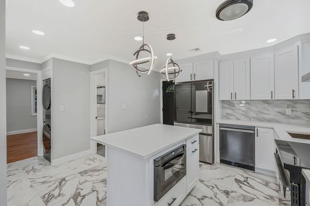 Interior, Kitchen, Marble, Pendant Lights, Recessed Lighting, Stainless Steel Appliances