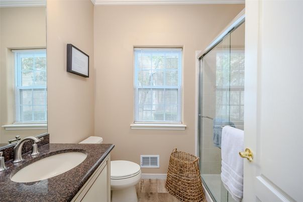 Bathroom, Glass Shower, Interior, Wood Texture Flooring
