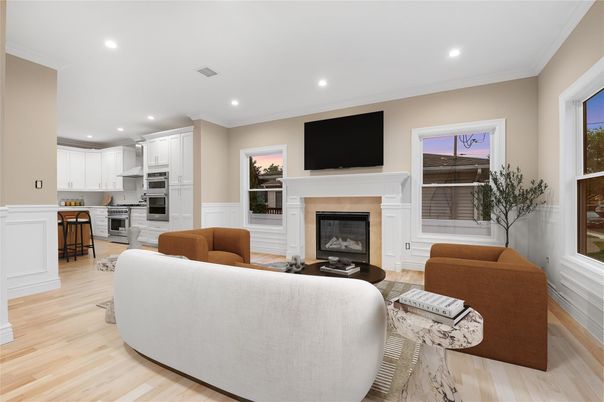 Fireplace, Interior, Kitchen, Living room, Recessed Lighting, Stainless Steel Appliances, Wood Texture Flooring