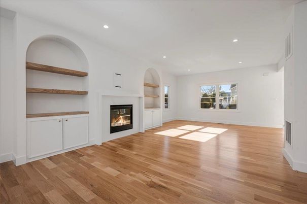Empty room, Fireplace, Interior, Recessed Lighting, Wood Texture Flooring