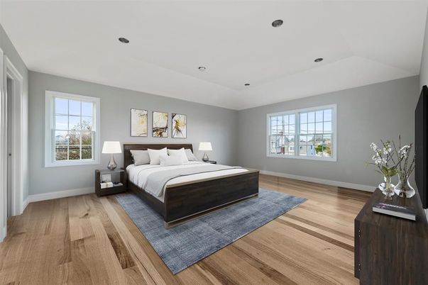 Bedroom, Interior, Recessed Lighting, Wood Texture Flooring