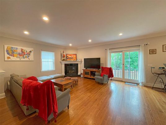 Fireplace, Interior, Living room, Recessed Lighting, Wood Texture Flooring
