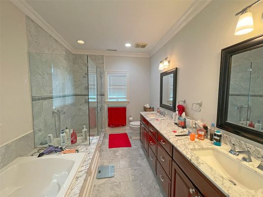 Bathroom, Dual Sink Vanities, Glass Shower, Interior, Marble, Marble Walls, Recessed Lighting