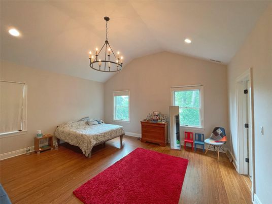 Bedroom, Chandelier, Interior, Recessed Lighting, Wood Texture Flooring