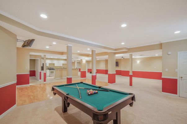 Billiard Table, Game Room, Interior, Recessed Lighting, Wood Texture Flooring