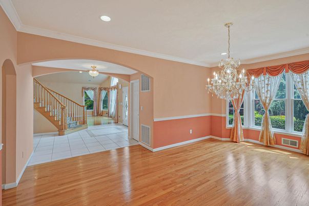 Chandelier, Empty room, Interior, Recessed Lighting, Wood Texture Flooring