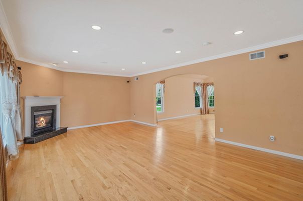 Empty room, Fireplace, Interior, Recessed Lighting, Wood Texture Flooring