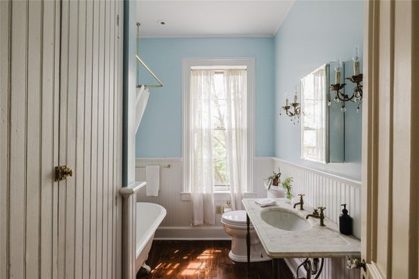 Bathroom, Interior, Pendant Lights, Wood Texture Flooring