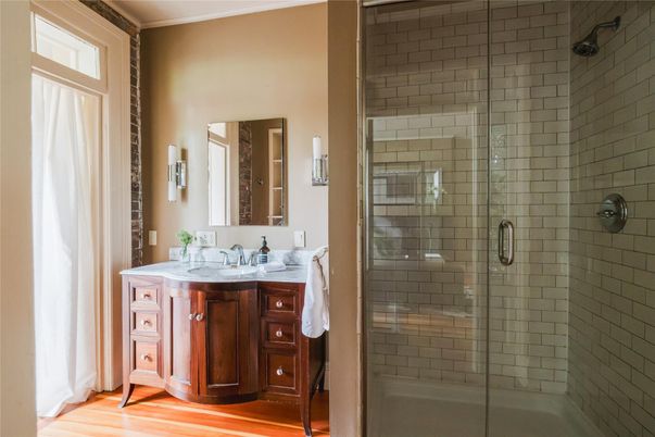 Bathroom, Glass Shower, Interior, Stone Walls, Wood Texture Flooring