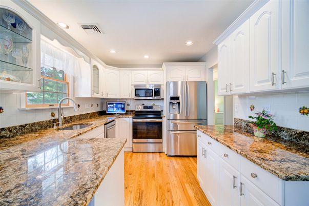 Interior, Kitchen, Recessed Lighting, Stainless Steel Appliances, Wood Texture Flooring