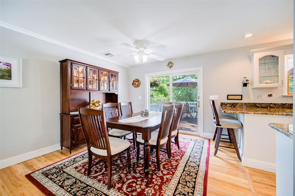 Dining room, Interior, Recessed Lighting, Wood Texture Flooring