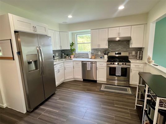 Interior, Kitchen, Recessed Lighting, Stainless Steel Appliances, Wood Texture Flooring