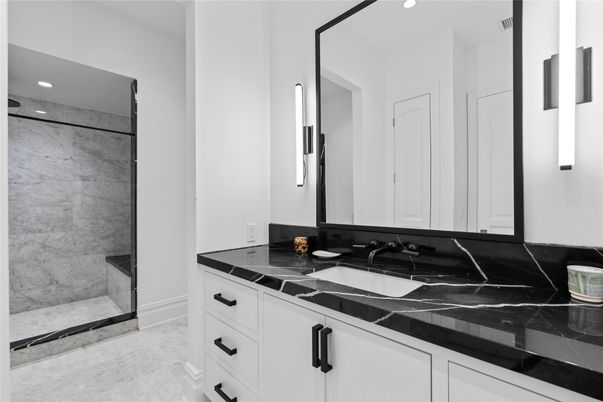 Bathroom, Glass Shower, Interior, Marble Walls, Recessed Lighting