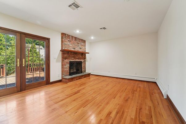 Empty room, Fireplace, Interior, Recessed Lighting, Wood Texture Flooring