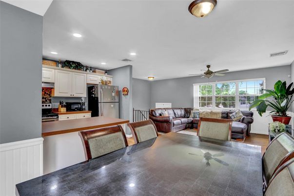 Dining room, Interior, Kitchen, Living room, Recessed Lighting, Wood Texture Flooring