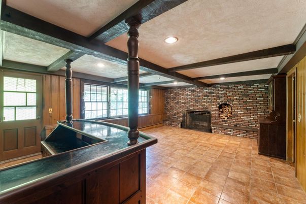 Fireplace, Interior, Recessed Lighting, Stone Walls, Wooden Beams