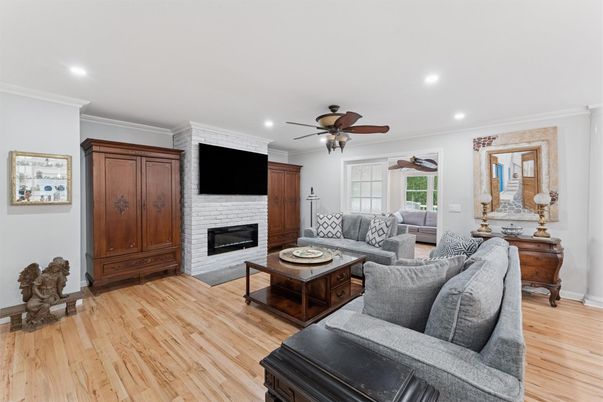 Fireplace, Interior, Living room, Recessed Lighting, Wood Texture Flooring