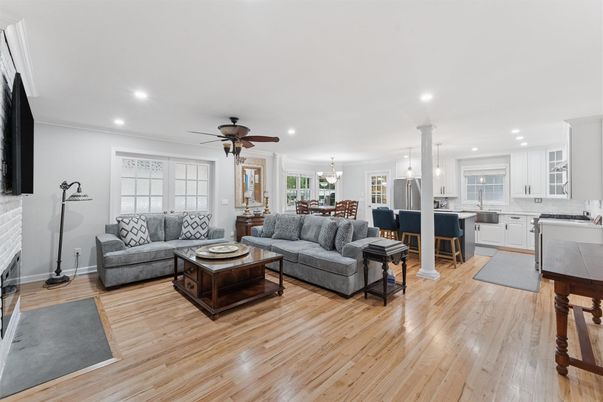 Dining room, Fireplace, Interior, Kitchen, Living room, Pendant Lights, Recessed Lighting, Wood Texture Flooring