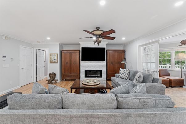 Fireplace, Interior, Living room, Recessed Lighting, Wood Texture Flooring