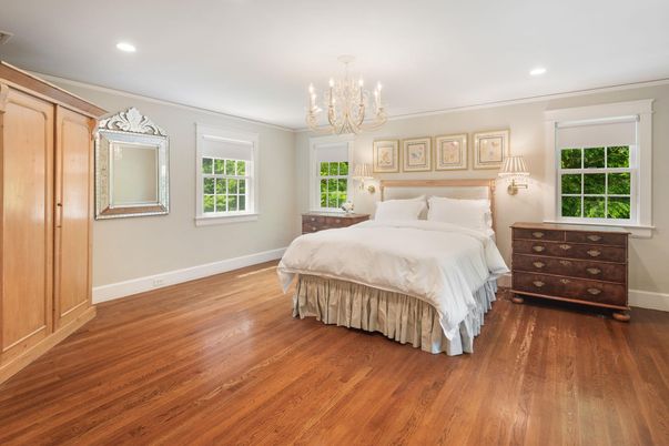 Bedroom, Chandelier, Interior, Recessed Lighting, Wood Texture Flooring