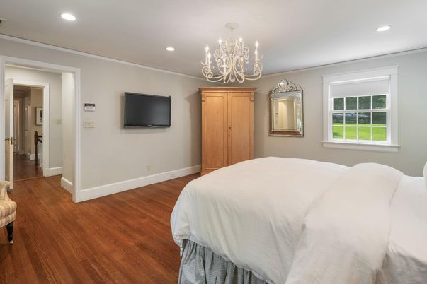 Bedroom, Chandelier, Interior, Recessed Lighting, Wood Texture Flooring
