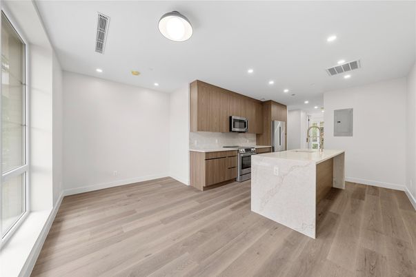 Interior, Kitchen, Recessed Lighting, Stainless Steel Appliances, Wood Texture Flooring