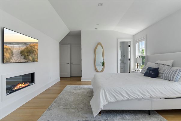 Bedroom, Fireplace, Interior, Wood Texture Flooring