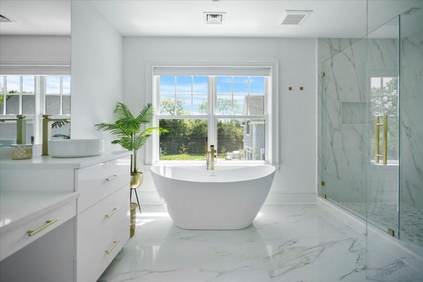 Bathroom, Free Standing Baths, Glass Shower, Interior, Marble, Marble Walls