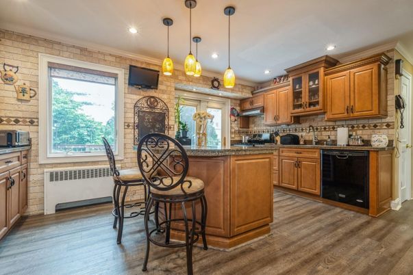 Interior, Kitchen, Pendant Lights, Recessed Lighting, Stone Walls, Wood Texture Flooring