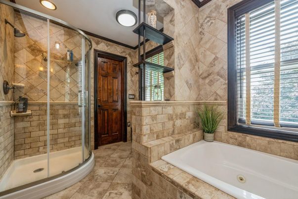 Bathroom, Glass Shower, Interior, Recessed Lighting, Stone Walls