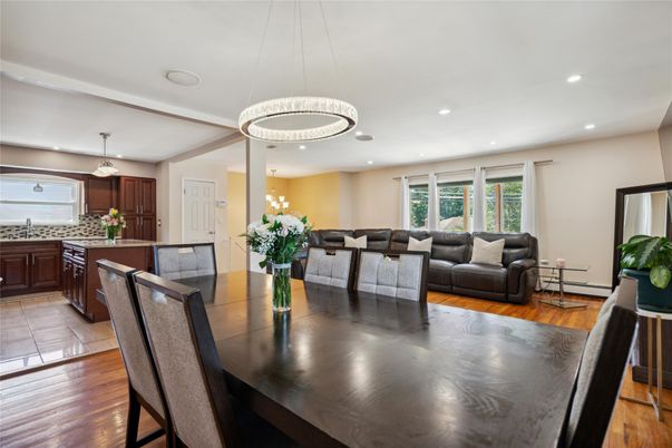 Dining room, Interior, Kitchen, Living room, Pendant Lights, Recessed Lighting, Wood Texture Flooring