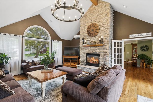 Fireplace, Interior, Living room, Pendant Lights, Recessed Lighting, Stone Walls, Wood Texture Flooring