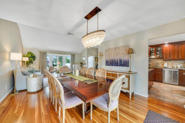 Chandelier, Dining room, Interior, Kitchen, Living room, Wood Texture Flooring