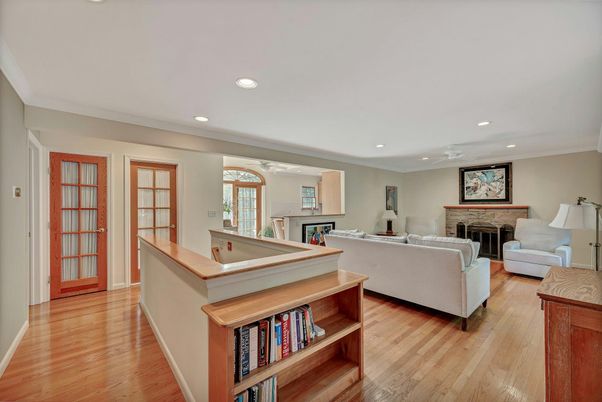 Fireplace, Interior, Living room, Recessed Lighting, Wood Texture Flooring