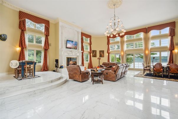 Chandelier, Fireplace, Interior, Living room, Marble, Pendant Lights, Water