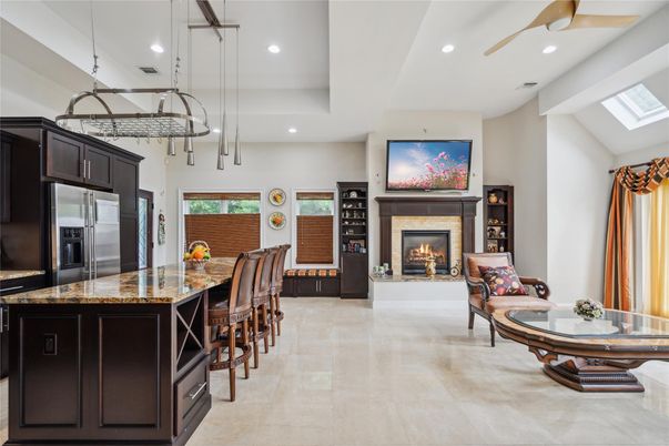 Fireplace, Interior, Kitchen, Pendant Lights, Recessed Lighting, Stainless Steel Appliances