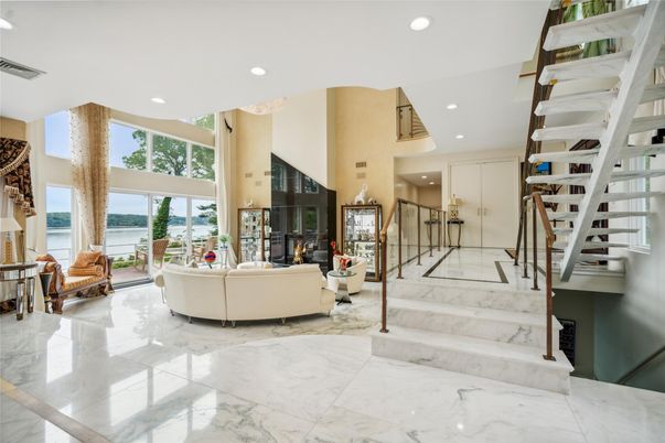 Fireplace, Interior, Living room, Marble, Recessed Lighting, Water