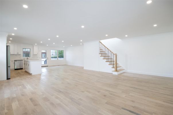 Empty room, Interior, Kitchen, Recessed Lighting, Wood Texture Flooring