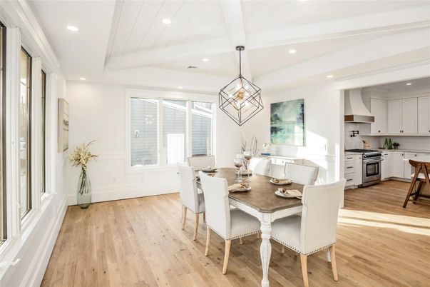 Dining room, Interior, Kitchen, Pendant Lights, Recessed Lighting, Wood Texture Flooring