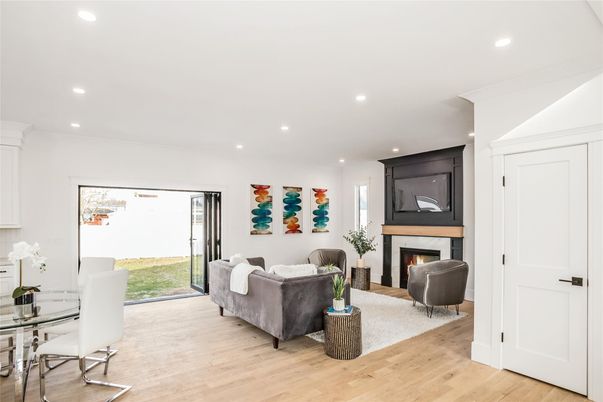 Fireplace, Interior, Living room, Recessed Lighting, Wood Texture Flooring