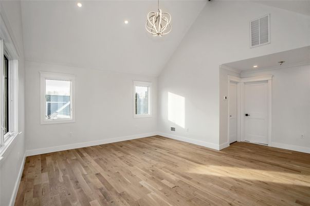 Empty room, Interior, Pendant Lights, Recessed Lighting, Wood Texture Flooring