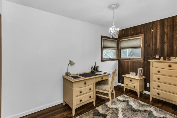 Chandelier, Home Office, Interior, Pendant Lights, Wood Texture Flooring, Wooden Walls