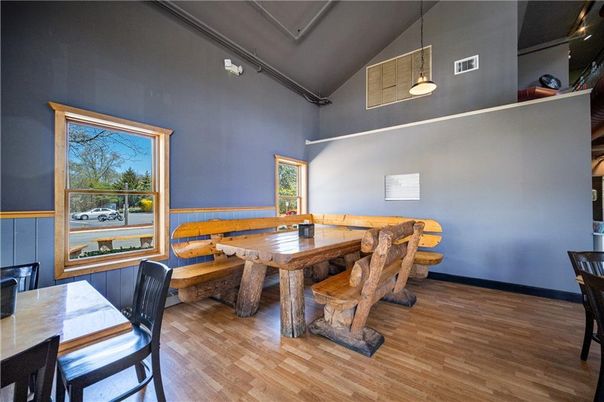 Dining room, Interior, Pendant Lights, Wood Texture Flooring