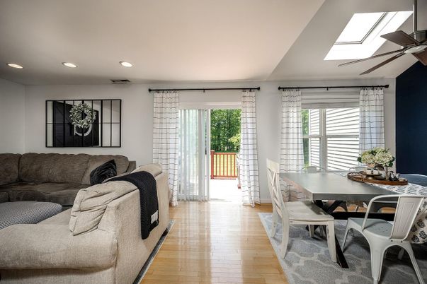 Dining room, Interior, Living room, Recessed Lighting, Wood Texture Flooring