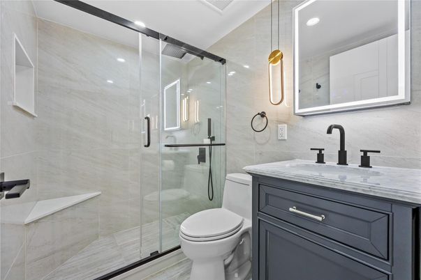 Bathroom, Glass Shower, Interior, Marble Walls, Recessed Lighting