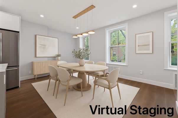 Dining room, Interior, Pendant Lights, Recessed Lighting, Wood Texture Flooring