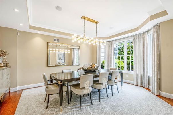 Dining room, Interior, Pendant Lights, Recessed Lighting, Wood Texture Flooring