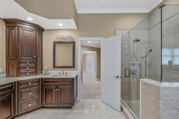 Bathroom, Dual Sink Vanities, Glass Shower, Interior, Marble, Recessed Lighting