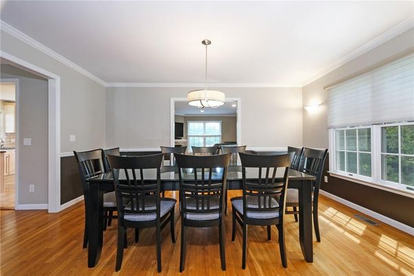 Dining room, Interior, Pendant Lights, Wood Texture Flooring